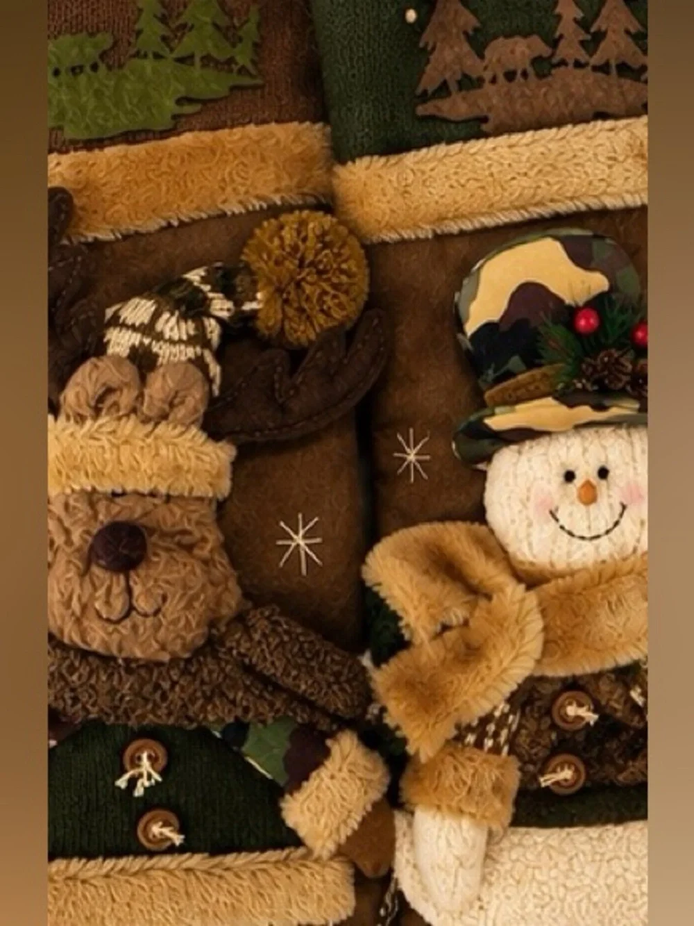 Handmade Rustic Artisan Christmas Stocking Set 2 Woodland Moose & Snowman Luxury